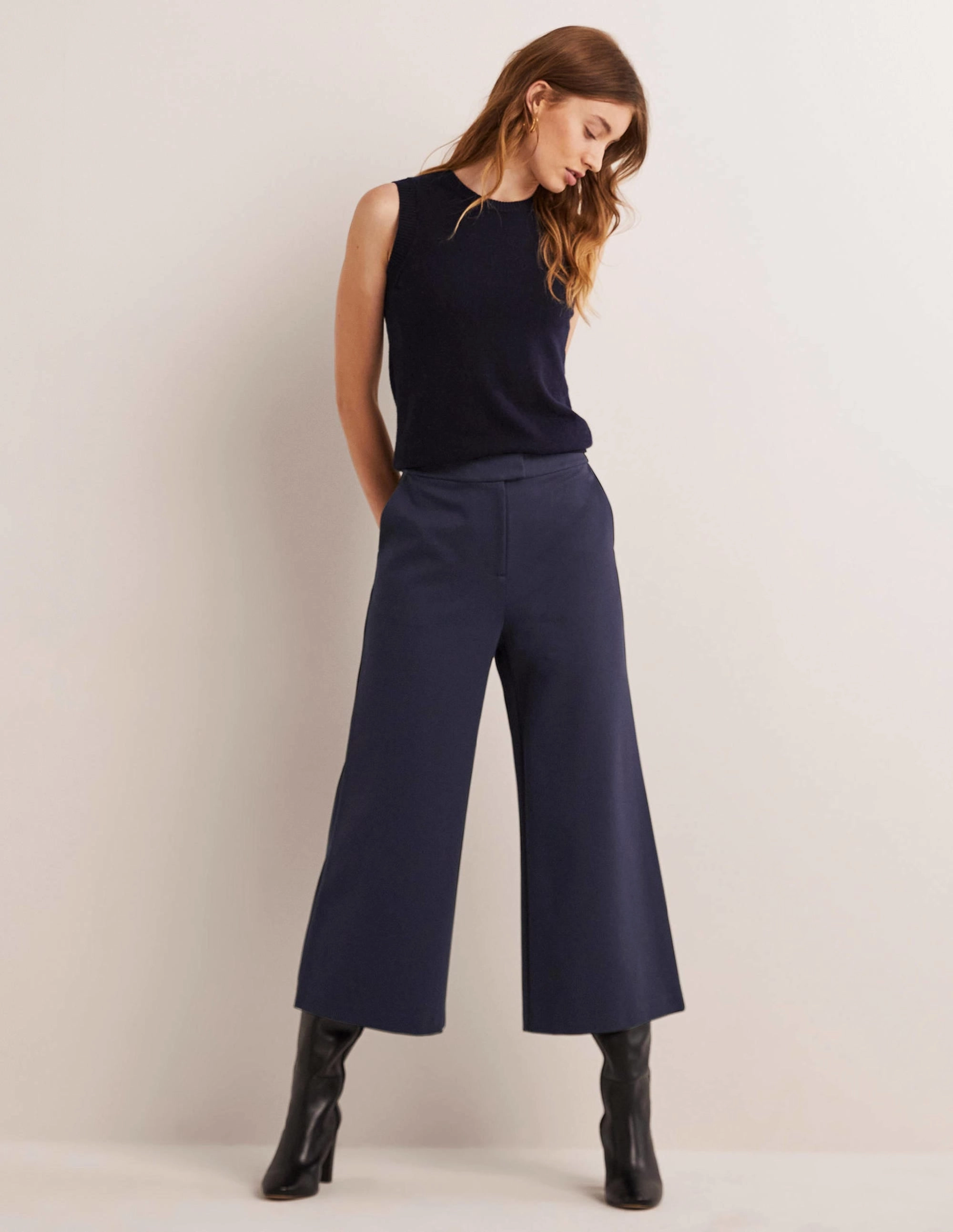 Jersey Wide Leg Culottes-Navy