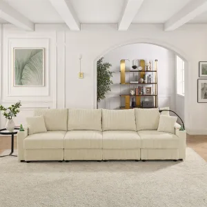 Streamdale Beige Corduroy Sofa with Storage, Cup & Phone Holders